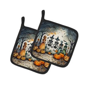 Calacas Skeletons Spooky Halloween Pair of Pot Holders Kitchen Heat Resistant Pot Holders Sets Oven Hot Pads for Cooking Baking BBQ, 7 1/2 x 7 1/
