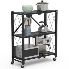 3-Tier Foldable Storage Shelf With Lockable Wheels No Assembly Rolling Utility Shelf Heavy Duty Collapsible Organizer Rack For Kitchen Living Roo